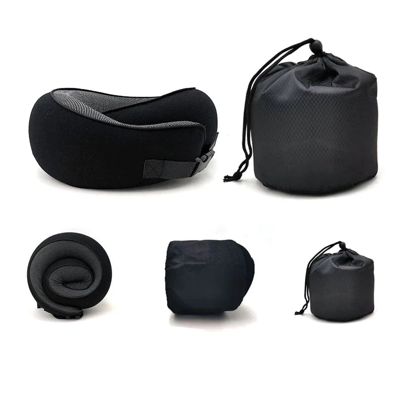 Compact memory foam travel pillow with storage bag.
