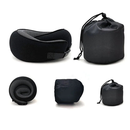 Compact memory foam travel pillow with storage bag.